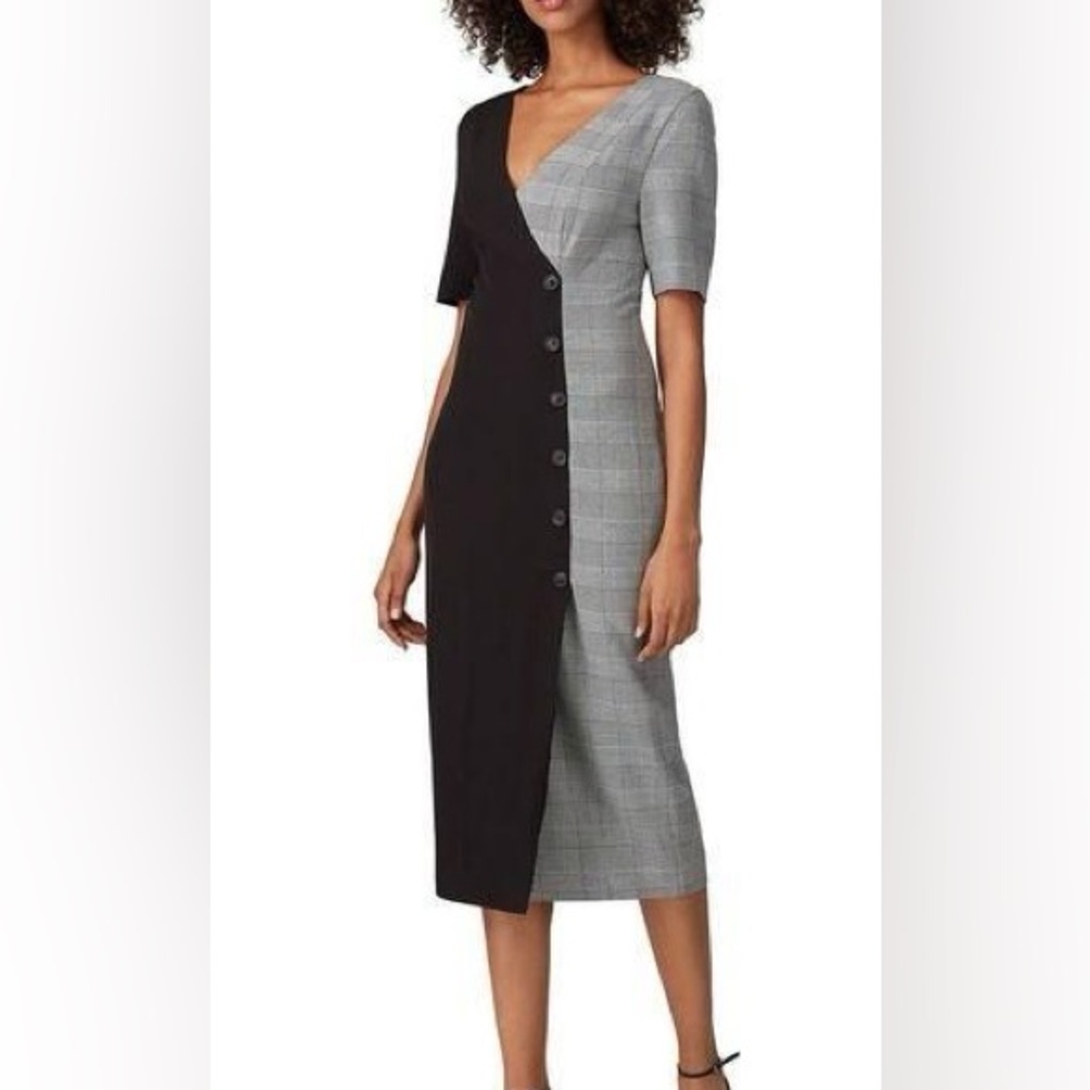 Fame & Partners Everly black plaid button short sleeve two tone dress midi